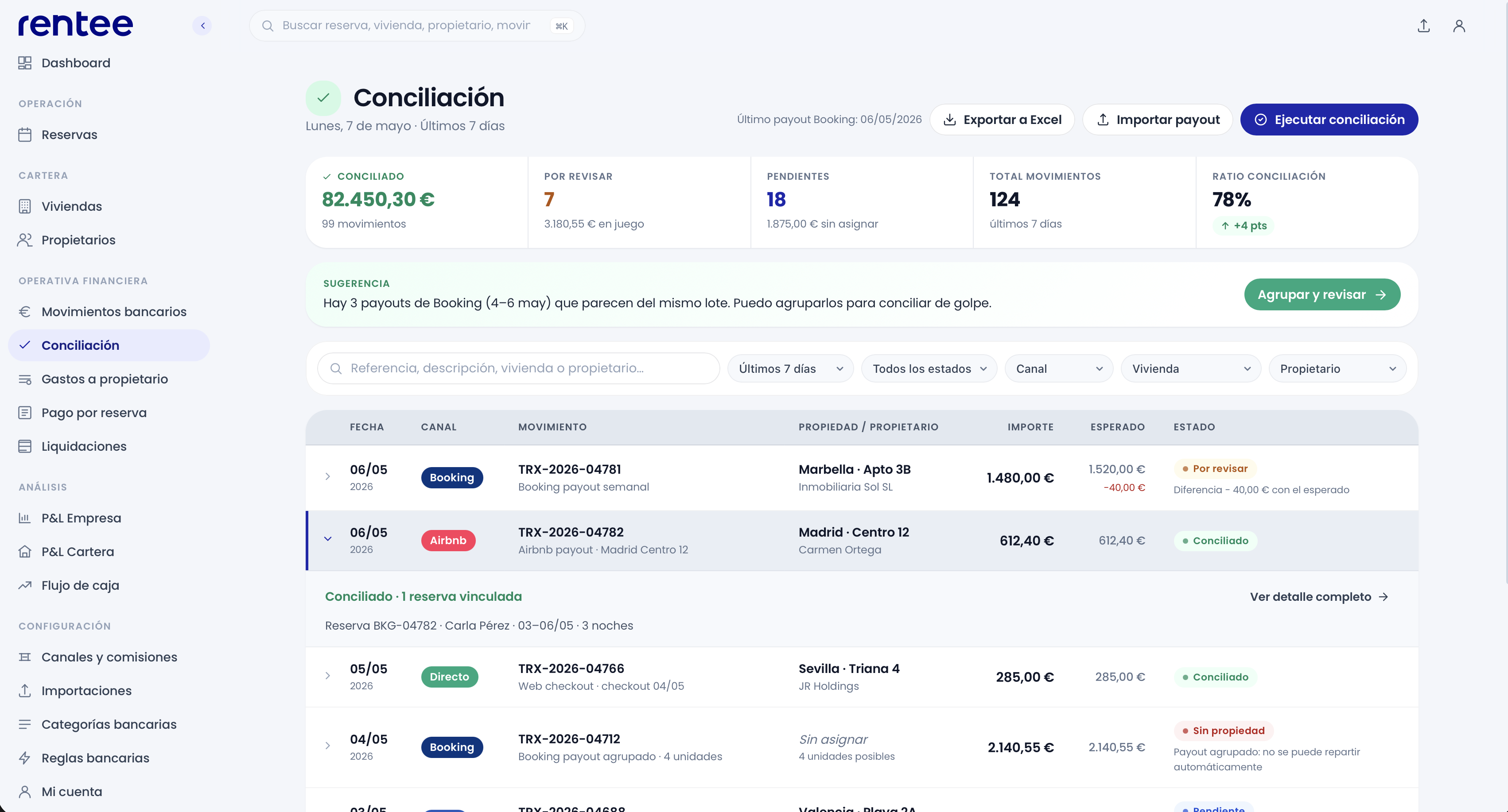 Conciliación bancaria automática — 82.450€ conciliados, 78% ratio, sugerencia de agrupación inteligente de payouts Booking