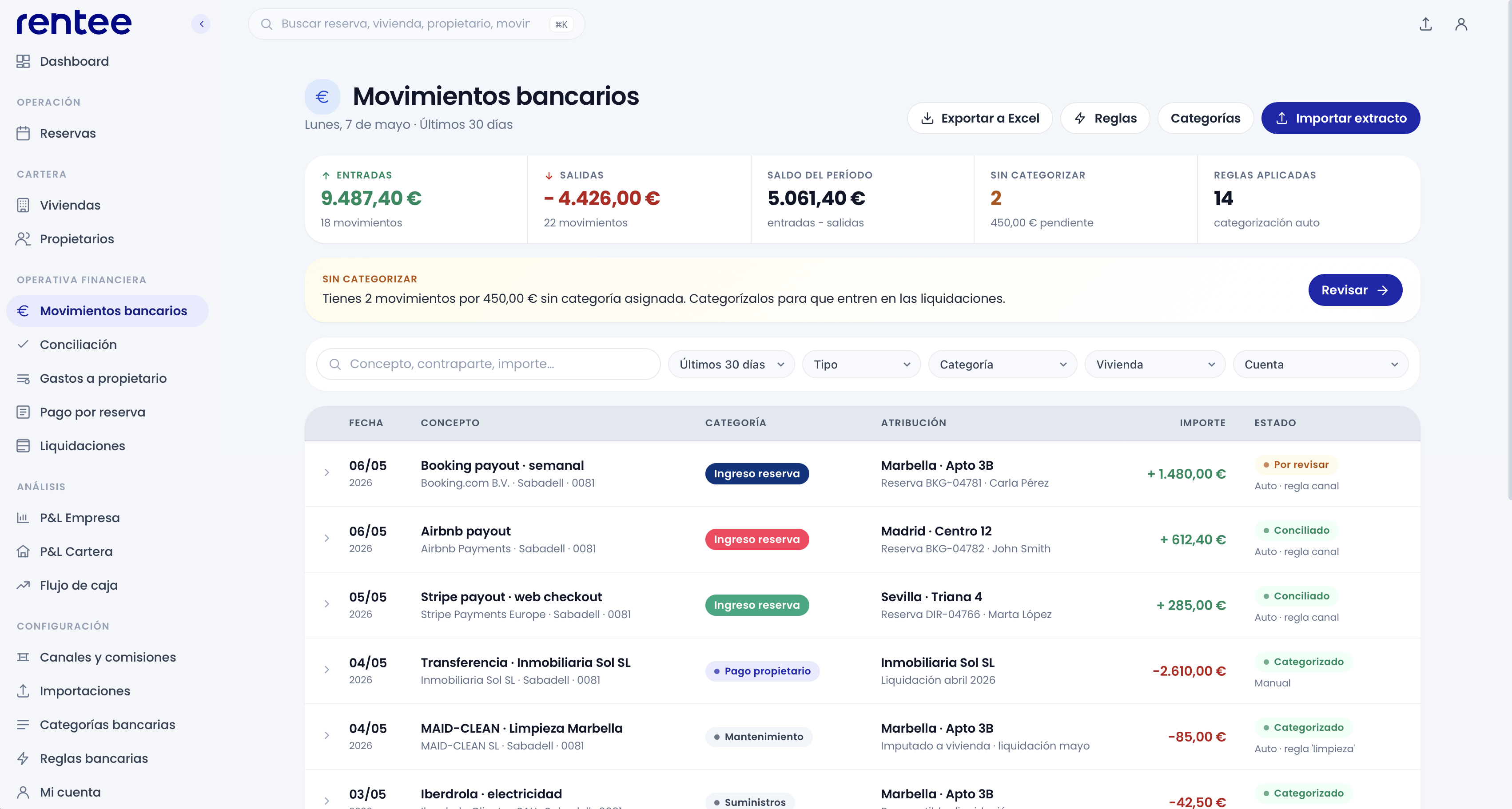 Movimientos bancarios categorizados automáticamente — payouts de Booking, Airbnb, Stripe, gastos de limpieza y suministros